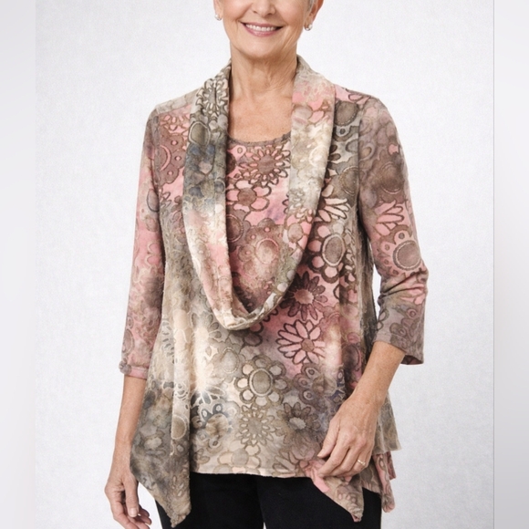 Multiples Tops - Womans Muliples Oversized Pull Over Tunic Size S with Detachable Scarf Colorful